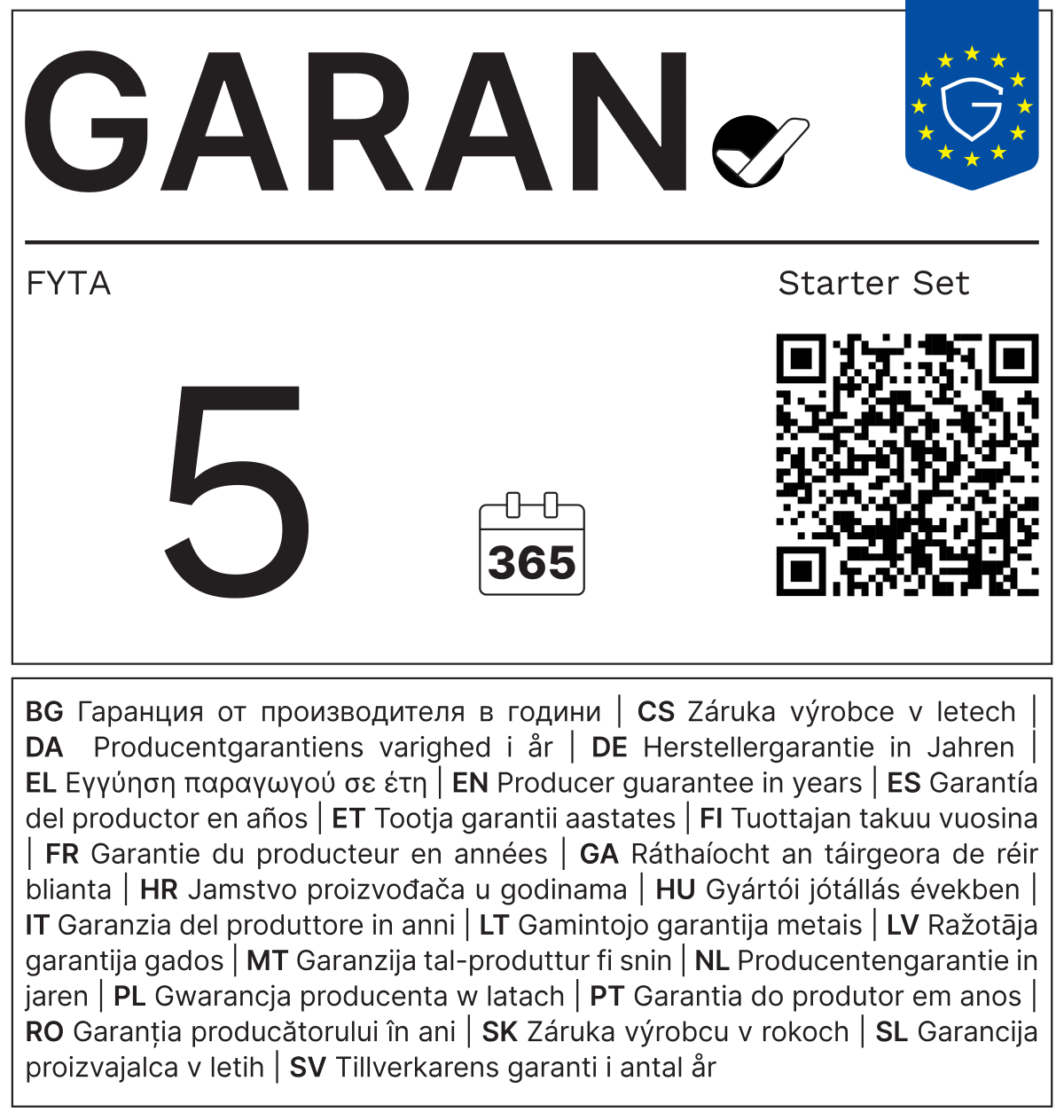 EU-GARAN-Label: kostenlose Haltbarkeitsgarantie des Herstellers FYTA für die gesamte Ware, 5 Jahre. FYTA Starter Set.